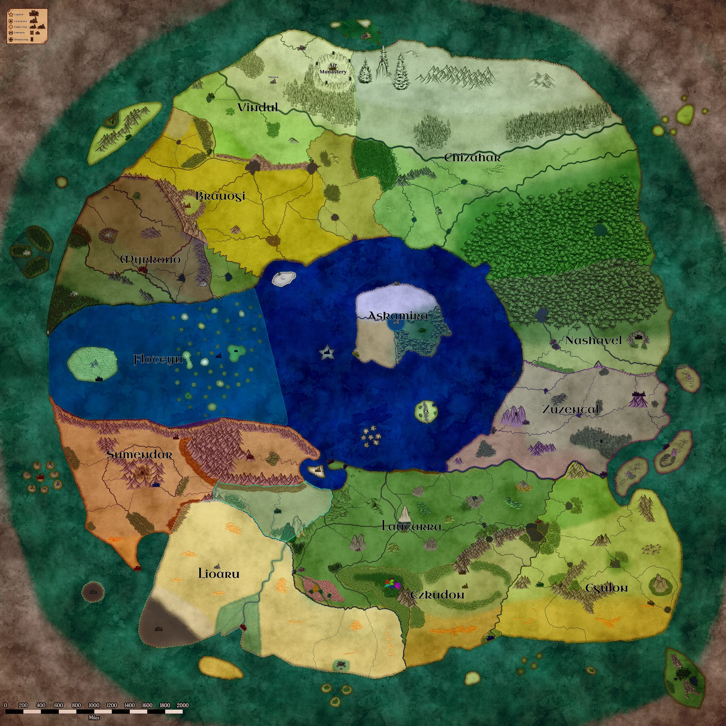 Map of Talan showing the 13 god domain borders.