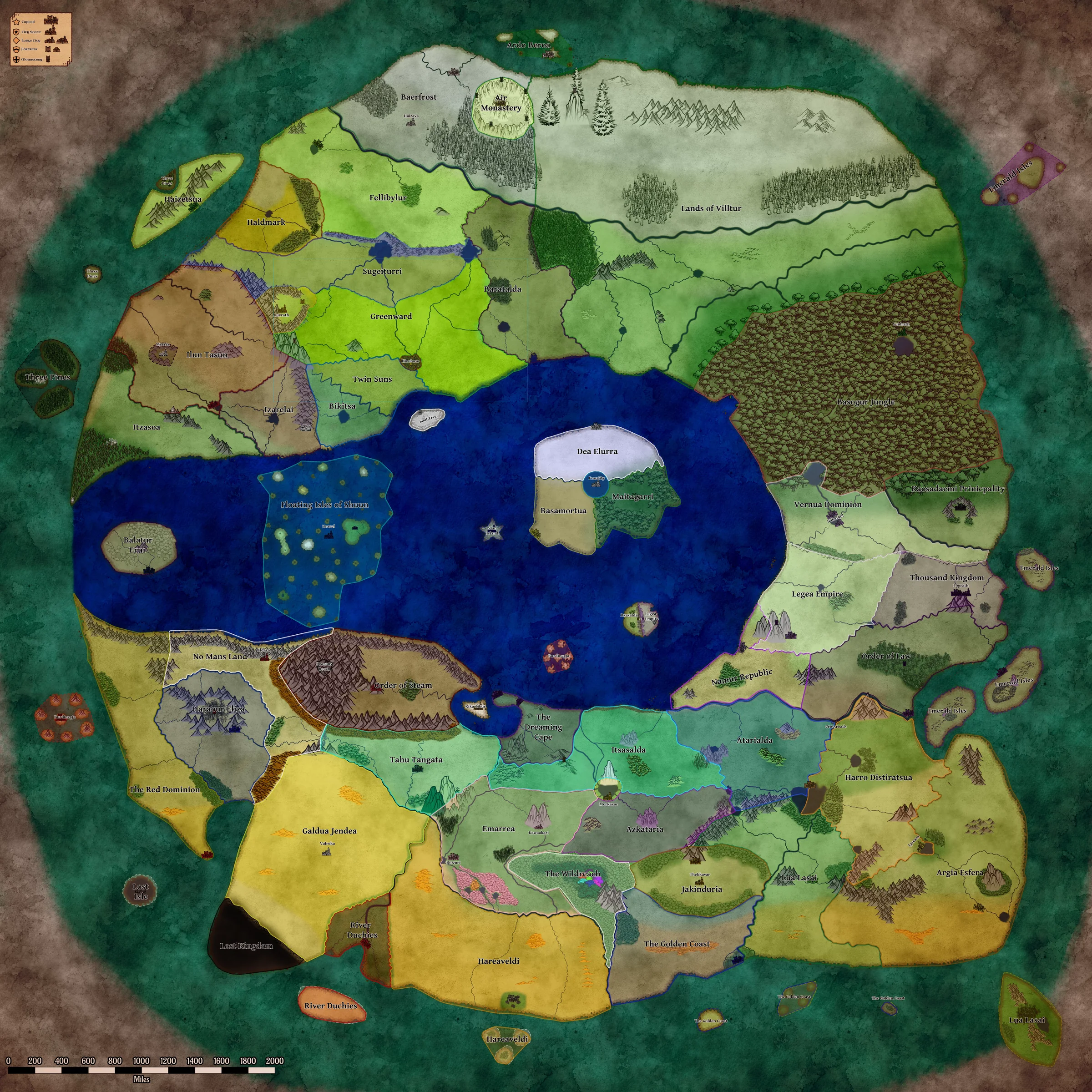 Map of Talan showing every kingdom, sub-region, and chartered territory with borders drawn.