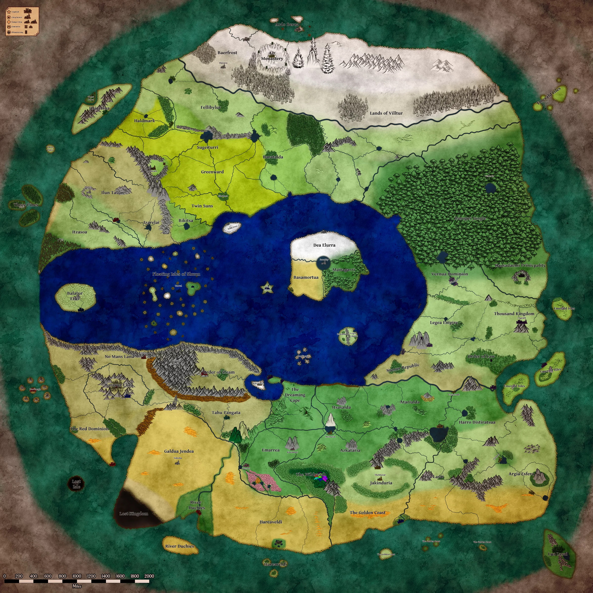 Map of Talan showing terrain only: rivers, mountains, forests, coasts, and settlement names with no borders drawn.